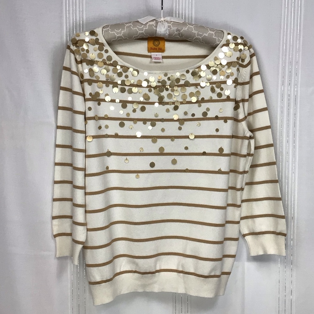 Ruby Rd. Cream Gold Striped Sequined 3/4 Sleeves Knit Sweater Sz.L